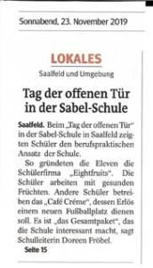 Zeitungsartikel vom 23.11.2019 berichtet über den Tag der offenen Tür an der SABEL Schule in Saalfeld